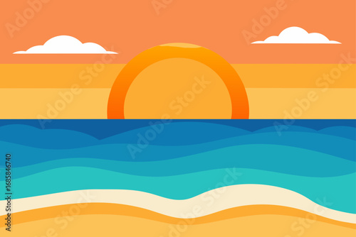 Vector illustration of a tropical beach with a sun setting over the ocean waves and palm trees