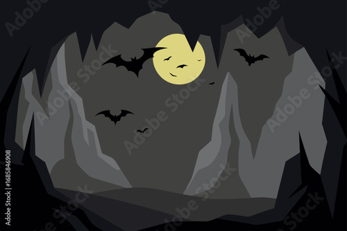 A spooky Halloween night illustration with a pumpkin, bats, and a witch flying near a moonlit tree