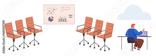 Person working solo with a laptop, data charts on the wall, empty office chairs. Ideal for remote work, solitude, data analysis, productivity, business trends, workplace trends simple flat metaphor