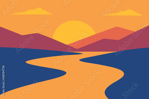 Vector desert landscape at sunset with a silhouette of mountains and clouds in the sky
