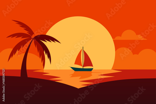 Tropical sailing boat at sunset on the beach