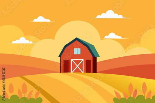 Vector illustration of a rural village landscape with houses, trees, and a sun in the sky