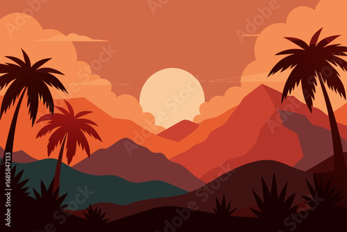 A romantic tropical summer vacation with a silhouette of a couple on the beach watching the sun setting behind a palm tree