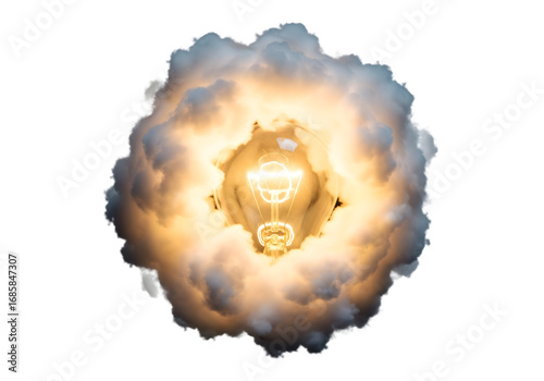A glowing light bulb surrounded by clouds, isolated, white background — breakthrough idea PNG 