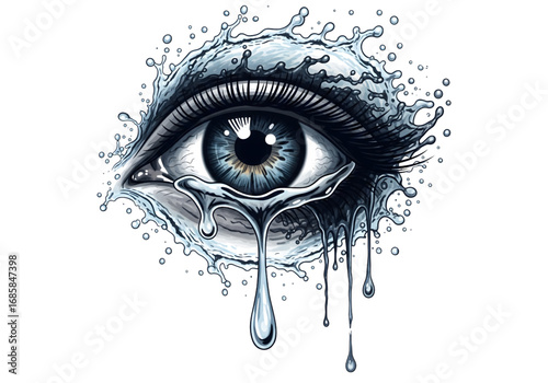 A crying eye illustration made of water and ink, isolated, white background — emotional release PNG 