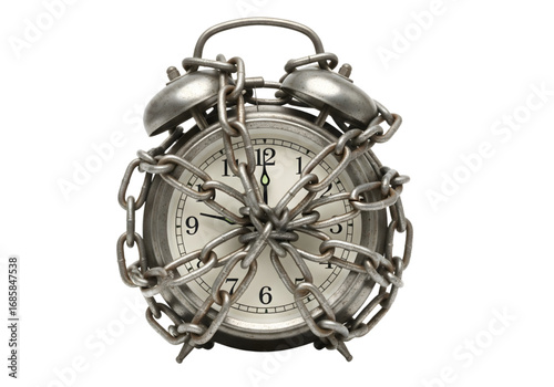 An alarm clock wrapped in chains, isolated, white background — time anxiety concept PNG