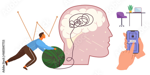 Man unravels yarn before a brain, symbolizing mental clarity. Smartphone with lock screen, workplace setting. Ideal for psychology, problem solving, productivity, focus, security creativity simple