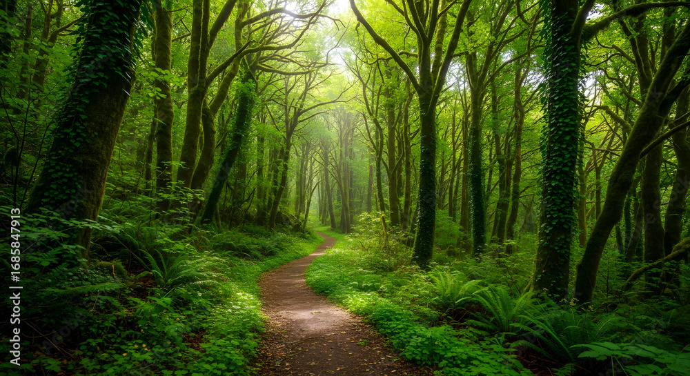Naklejka premium Pathway Through Lush Woodland Forest Scenery with Sunlight