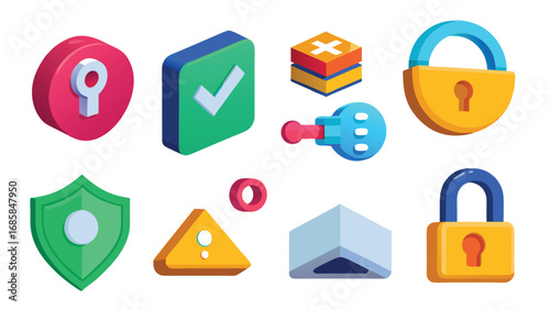 Isometric security and digital icons including locks keys and shields checkmark