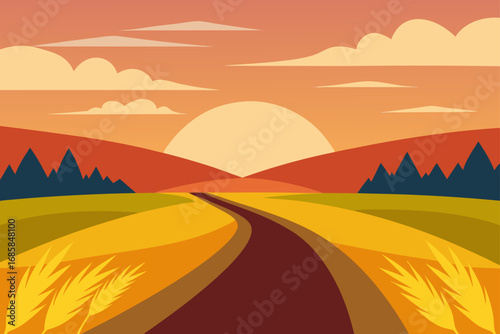 Orange summer sunset over a vast desert mountain landscape with silhouettes of trees under a clouded sky