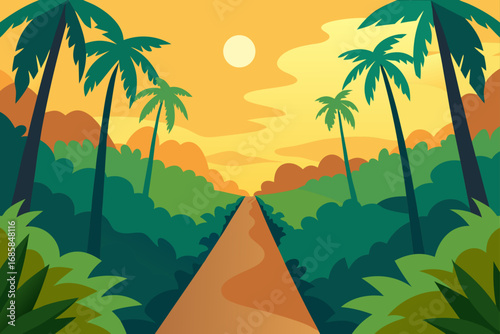 Vector illustration of a tropical beach with palm trees and a vibrant summer sunset over the turquoise ocean