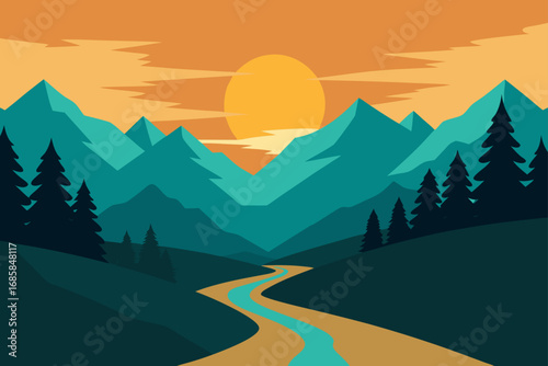 A breathtaking panorama of a winding mountain road through a lush green valley with snow-capped peaks against a clear summer sky