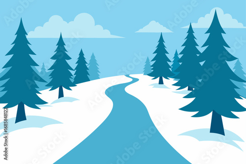A cold winter landscape with snow-covered trees and a peaceful forest scene