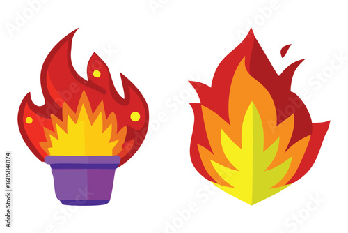 Two Flat Design Fire Flames, One in a Pot, on White Background heat burning