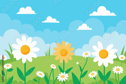 A sunlit spring meadow bursting with daisies and other vibrant flowers under a brilliant blue sky with fluffy white clouds