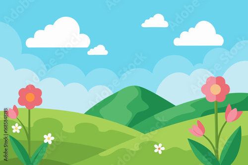 A cartoon summer landscape illustration with green hills, a field of flowers, and distant mountains under a blue sky with white clouds