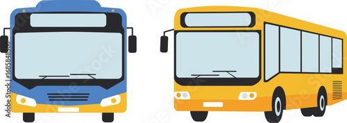 city buses in blue and yellow colors side by side
