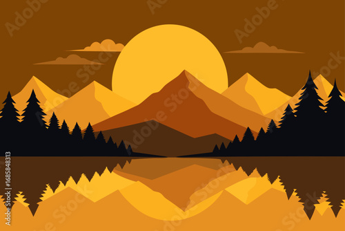 An abstract vector illustration of a fiery orange sunset over a lake and a silhouette of mountains