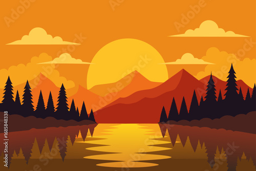 An idyllic summer sunset over a mountain lake landscape with silhouettes of trees and the orange sky