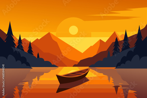 Summer mountain landscape at sunset with a silhouette of a tree, reflecting in the water of a calm river