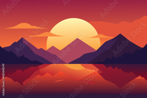 Vector silhouette of mountain peaks at sunset with an orange sky and water