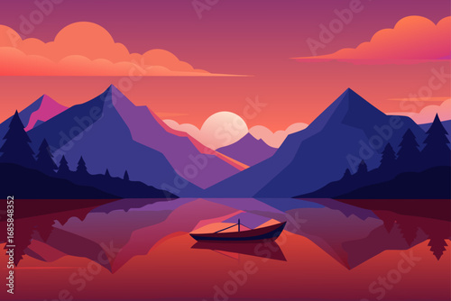 A beautiful mountain landscape at dawn with a misty valley below, where the first rays of the sun illuminate the peaks