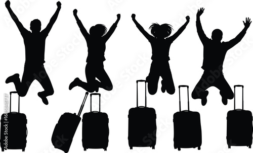 Happy travelers jumping with rolling suitcases, travel excitement, airport joy, vacation celebration, group travel, black silhouette vector illustration