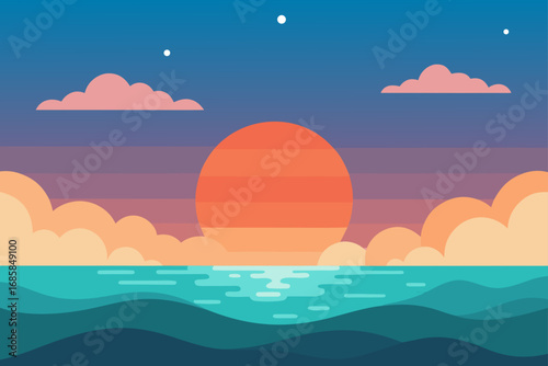Sunrise over a calm tropical sea with a vibrant sky, clouds, and waves gently