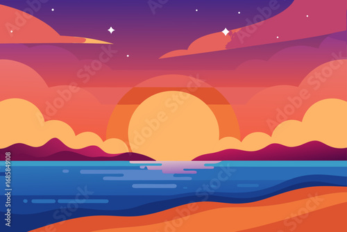 Orange clouds reflect on the tranquil sea as the sun dips below the horizon in a stunning night landscape
