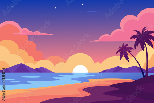 Tropical island sunset over the ocean with palm trees on a sandy beach