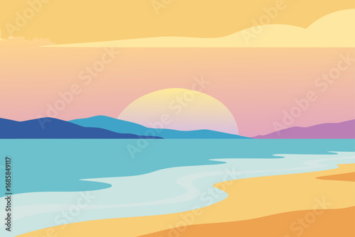 Vibrant summer sunset view over a tranquil lake with distant mountains and a blue sky full of soft clouds