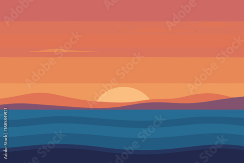 An abstract vector illustration of a beautiful sunset over a serene lake, with clouds and mountains reflected in the tranquil water
