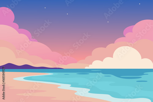 A serene summer seascape with the sun setting on the horizon, casting a warm reflection on the ocean's surface