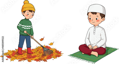 Illustration of boy raking colorful autumn leaves and Muslim boy sitting on prayer mat, perfect for seasonal and cultural themes.