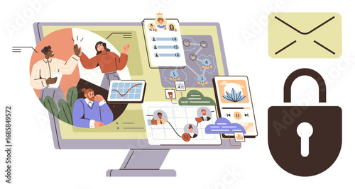 Wallpaper Mural Monitor with apps showing teamwork, messages, documents, and charts. Envelope and lock emphasize secure communication. Ideal for teamwork, technology, security, privacy digital tools productivity Torontodigital.ca