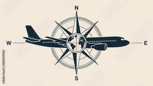 Airplane travel compass navigation direction world globe aviation tourism journey map
