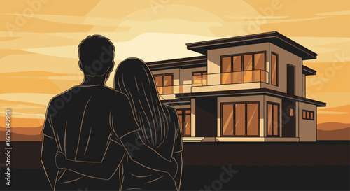 Couple Silhouette Hugging and Looking at a New Modern House at Sunset