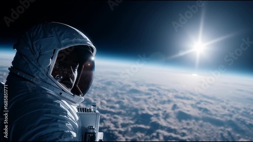 Astronaut observing earth and sun from space