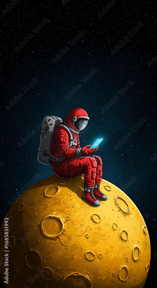 Fototapeta premium Astronaut in red suit sitting on yellow moon holding glowing blue tablet space