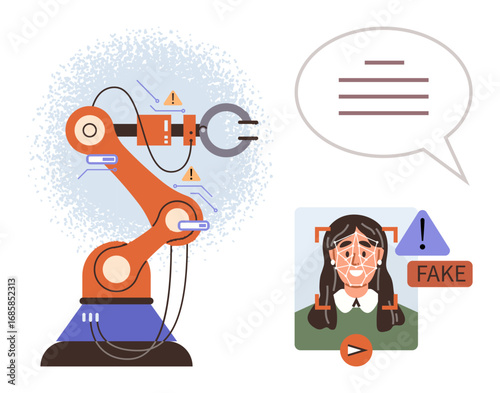 Robotic arm analyzing with AI tech, detecting deepfake via facial recognition. Ideal for technology, innovation, artificial intelligence, automation, cybersecurity, ethics research topics. Clean