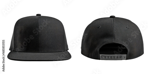 Front and back view of a plain black flat bill cap