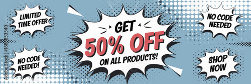 Comic-style banner with discount promotion – Perfect for online sales, retail advertising, or special offer campaigns