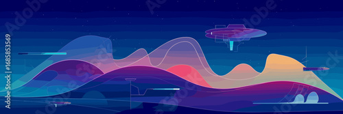 Futuristic abstract landscape with gradient wave mountains – Great for sci-fi themes, digital art, or fantasy posters