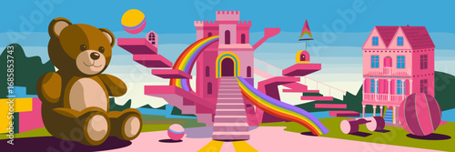 Dreamcore world with pink castle rainbow slide and uncanny child toys