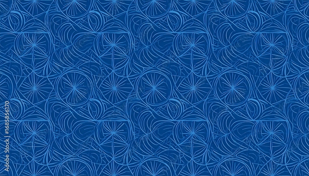 Intricate, repeating blue pattern of stylized floral shapes and geometric lines Intricate, repeating blue pattern of stylized floral shapes and geometric lines