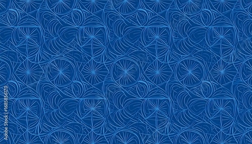 Intricate, repeating blue pattern of stylized floral shapes and geometric lines