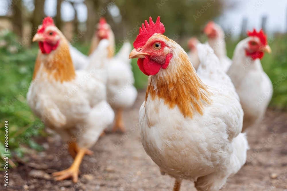 Fototapeta premium Free-range chickens walking in farmyard on a sunny day