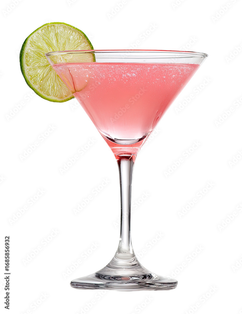 Pink cocktail in martini glass, lime garnish