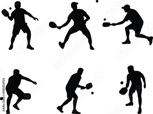 Pickleball player silhouettes, paddle, ball, sports action, athletic movement, active lifestyle, recreational game, dynamic poses, agility, competition, cad drawing flat vector illustration