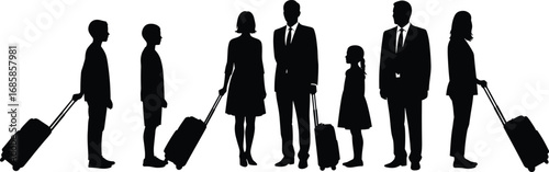 Silhouette of business family traveling with suitcases, formal attire, parents and children, airport travel, business trip, vacation concept vector